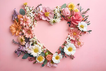 Heart surrounded with fresh colorful flowers on pastel pink background. Creative love layout with copy space. Valentines day, wedding or romantic visual trend. Spring bloom. Flat lay.
