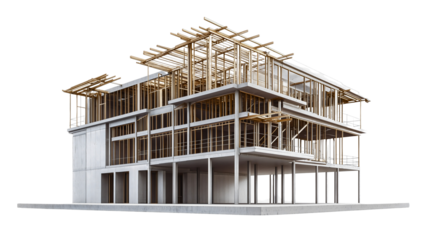 Modern Architectural Design of a Wooden and Concrete Structure at a Construction Site