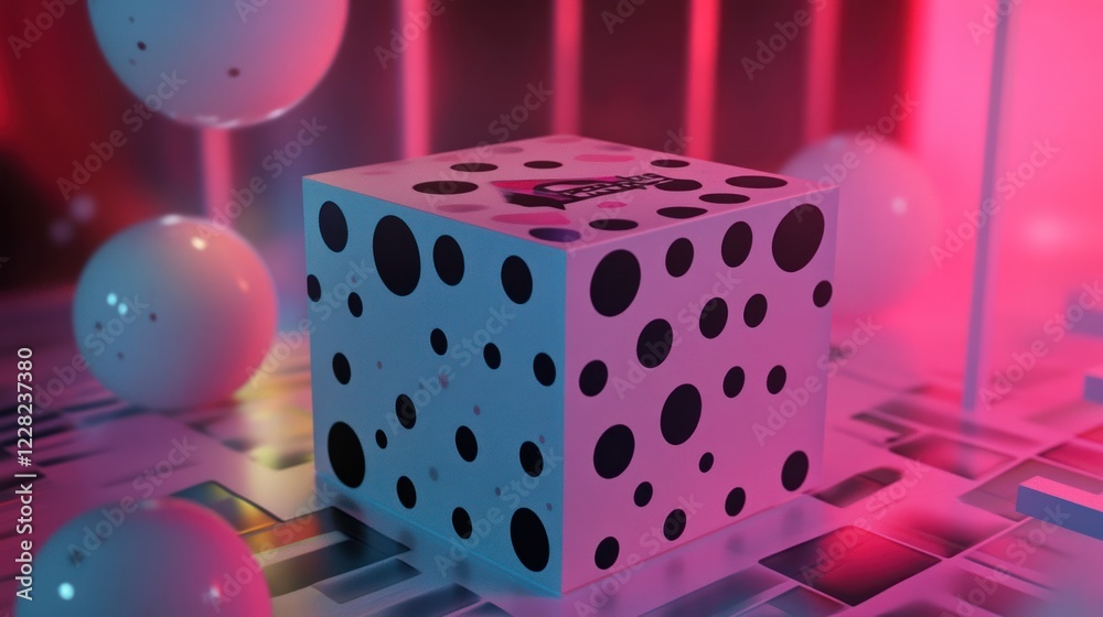 Poster pink cube with black dots abstract design