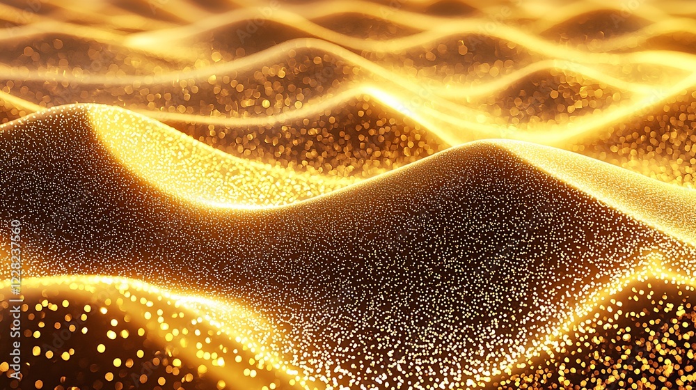 Poster abstract golden wavy sand texture with glowing particles light effect : generative ai