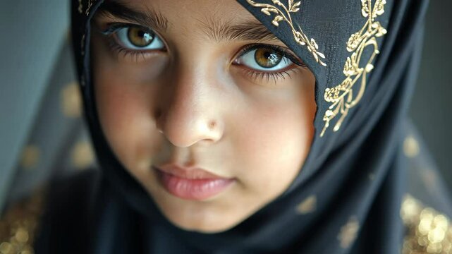 Young girl with expressive eyes and ornate headscarf in thoughtful sequence