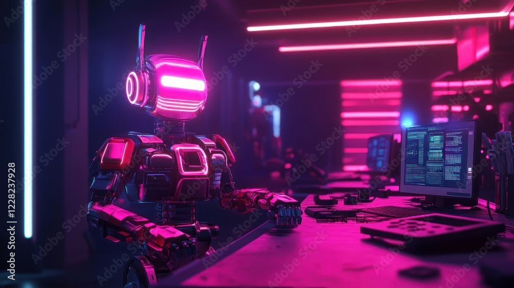 Poster Cyberpunk Robot Working at a Computer Station