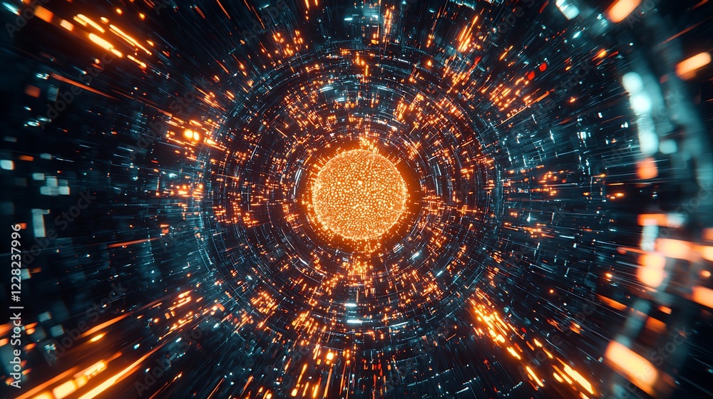 Poster Futuristic Digital Core with Glowing Lights in Sci-Fi Data Tunnel Visualization : Generative AI