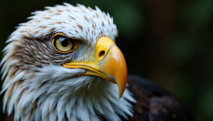 Obraz premium Close-up of a bald eagle’s face with a piercing gaze in a blurred natural setting