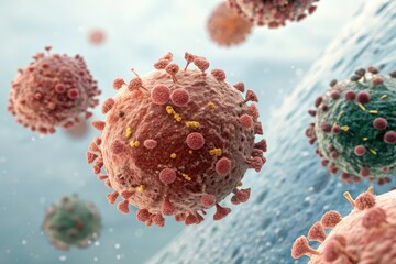 Macro view of a field of multiple cancer cells infected with viruses in a cellular matrix, biology, disease pathology
