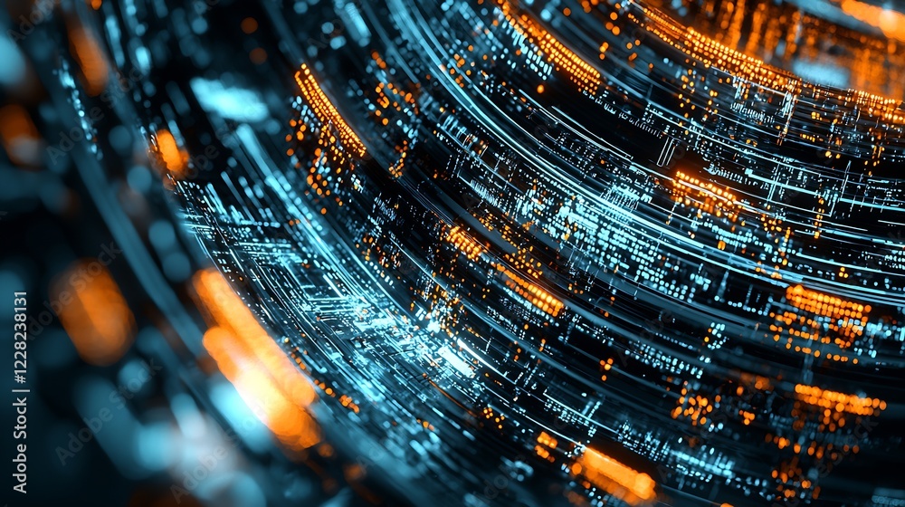 Poster abstract futuristic digital circuitry with vibrant blue and orange theme : generative ai