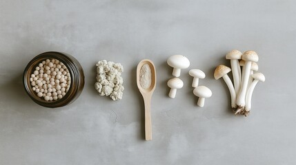 Mushroom superfoods and adaptogens in modern nutrition. Functional powders, plant-based supplements, and immune-boosting health trends.