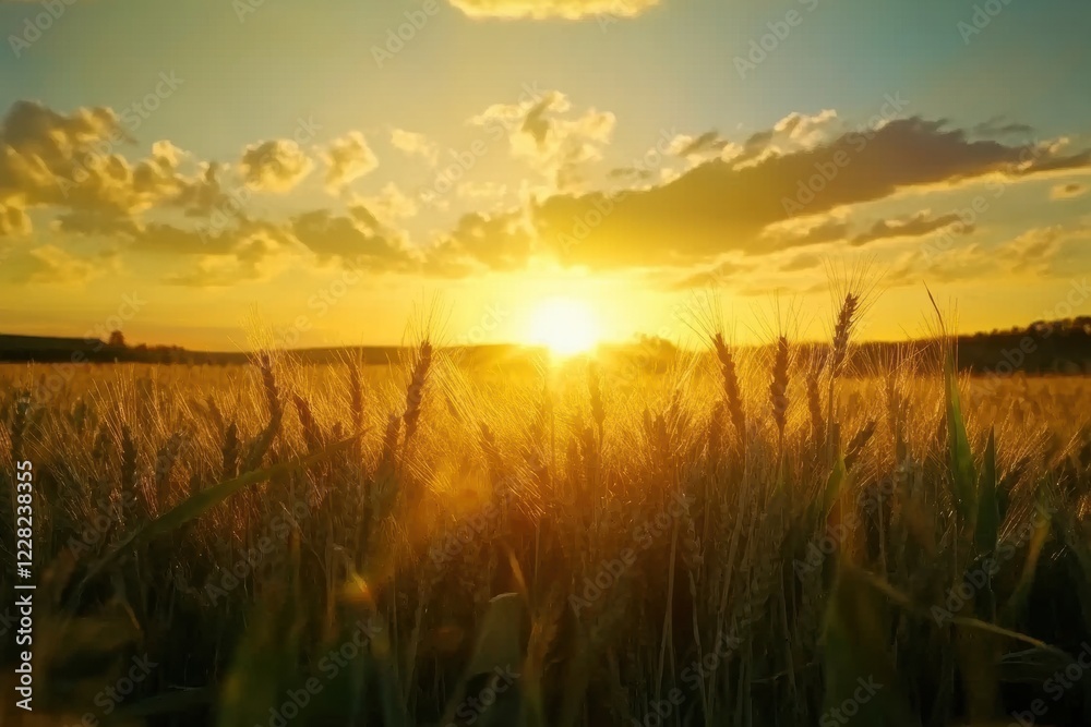 Poster rays illuminate golden wheat fields at sunset in a serene rural landscape. generative ai