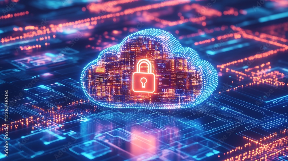 Leinwandbilder futuristic digital cloud network with cybersecurity lock for data protection : generative ai