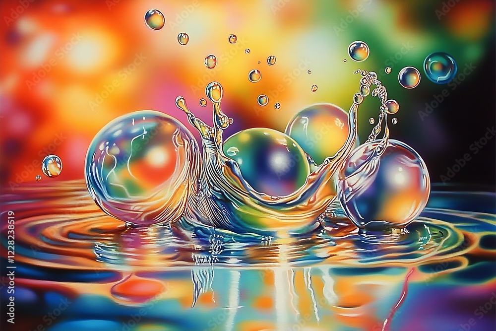Aufkleber Vibrant Abstract Soap Bubbles Splashing In Colorful Fluid Art Background : Generative AI