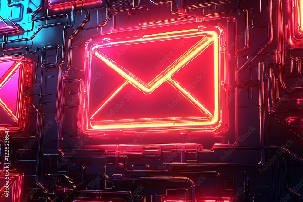 Aufkleber futuristic neon envelopes in digital circuitry environment for cyber communication : generative ai