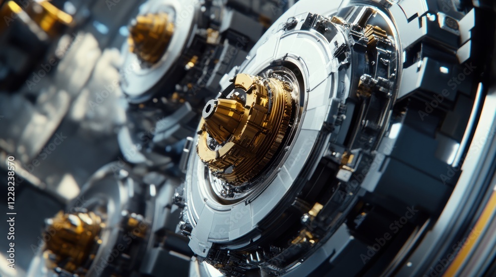 Poster intricate gold and silver mechanical device rotating