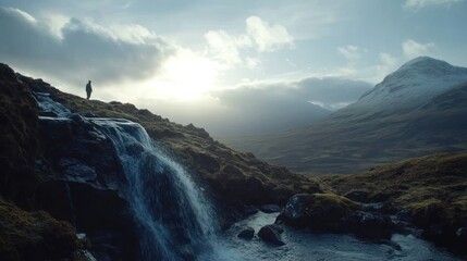 Solitary Figure Contemplating Majestic Waterfall and Mountain Landscape