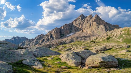Majestic Mountain Peak Under a Blue Sky with Clouds