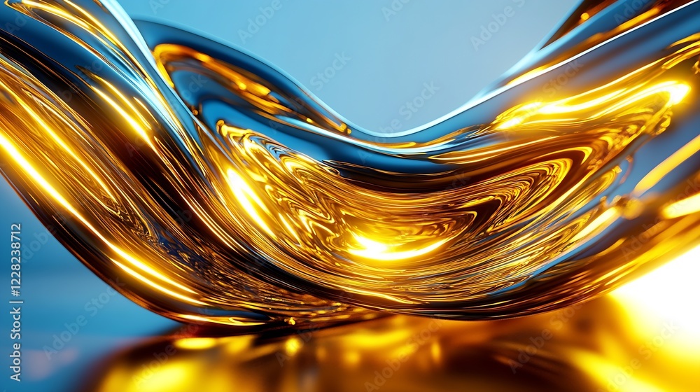Poster abstract golden liquid metal on blue background for futuristic design concepts : generative ai