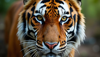 Obraz premium Close-up of a tiger's face with an intense gaze in a natural setting 