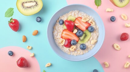 Obraz premium Delicious Oatmeal Breakfast Bowl with Berries and Nuts