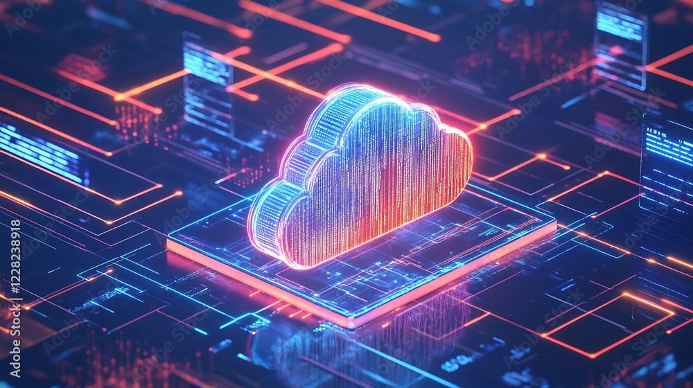 Aufkleber Futuristic Cloud Computing Concept with Neon Cloud Icon on Circuit Board : Generative AI