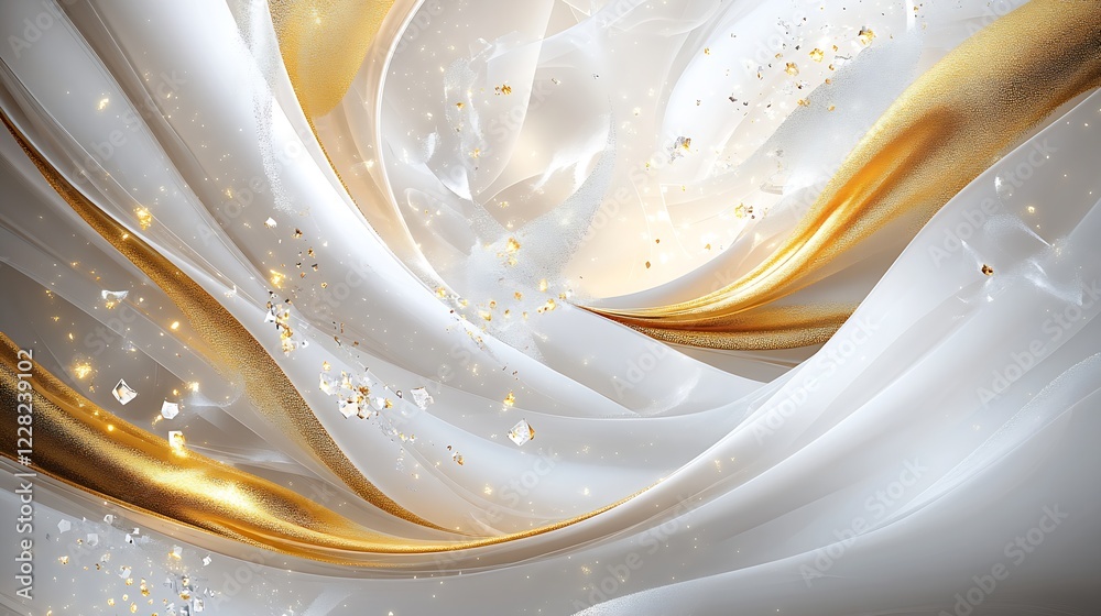 Poster abstract white and gold flowing cloth with sparkling crystal accents design : generative ai