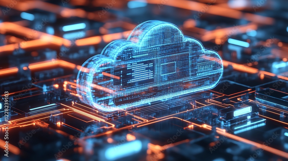 Poster Futuristic Cloud Computing Technology on Network Circuit Board : Generative AI