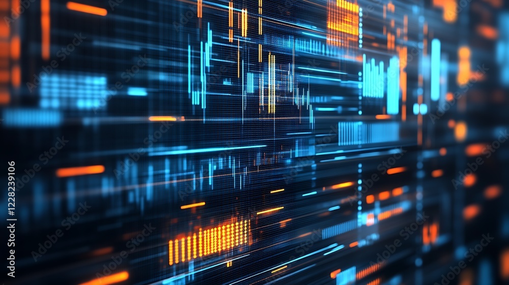 Poster High-Tech Background with Neon Blue and Orange Lines and Data Visualization Elements : Generative AI