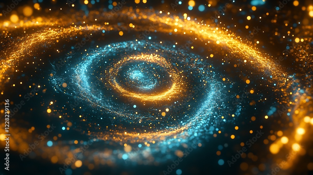 Poster vibrant cosmic spiral of blue and gold lights creating a mesmerizing digital abstract art : generati