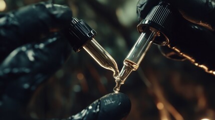 Gloved hands carefully dispense amber liquid from glass pipettes