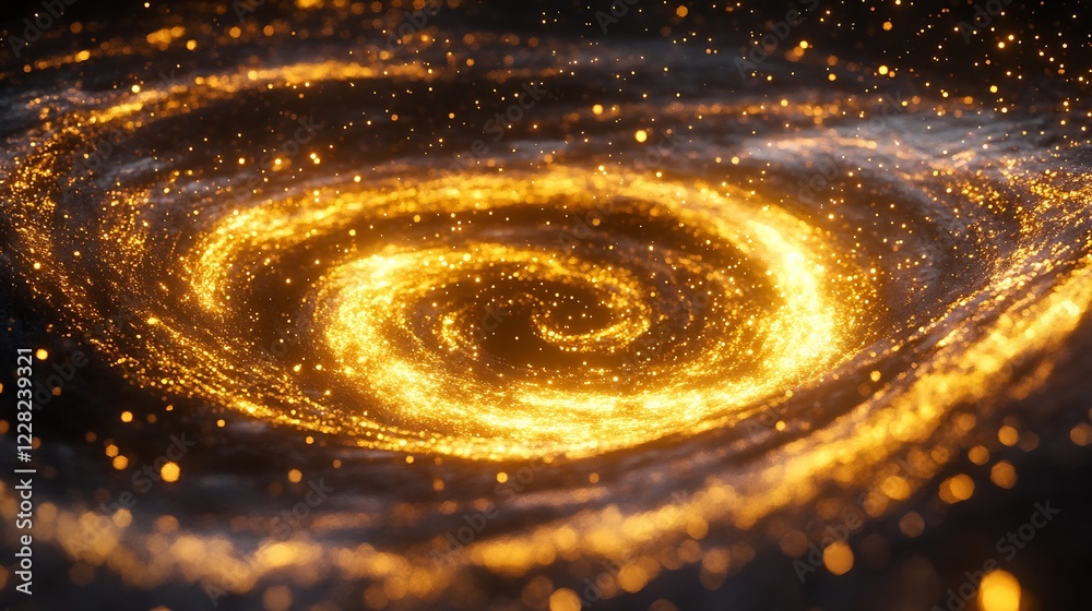 Poster spiraling golden nebula with sparkling stars and mystical cosmic swirl of light : generative ai