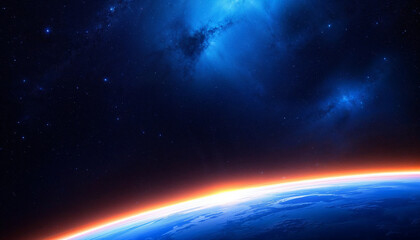 Fototapeta premium Vibrant view of Earth contrasted against the vastness of space, showcasing an ethereal glow at dawn
