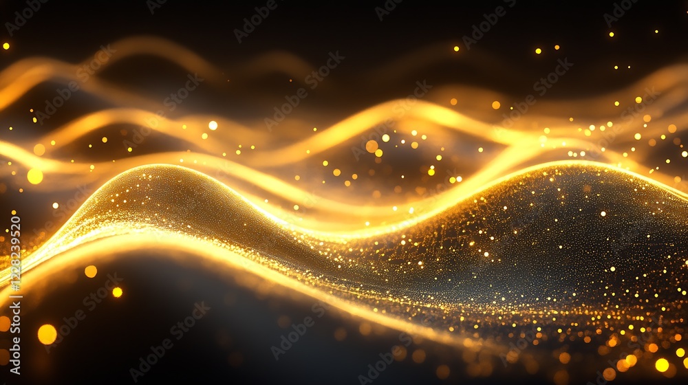 Aufkleber abstract golden light waves glittering in dark digital horizon with bokeh effect : generative ai