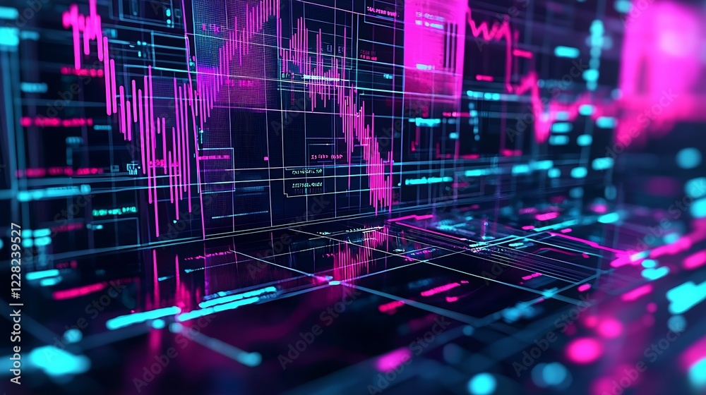 Aufkleber Abstract Neon Financial Graphs Representing Stock Market Volatility and Data Visualization : Generative AI