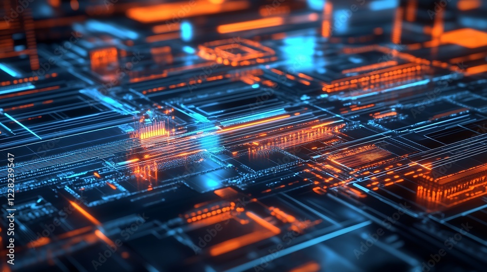 Poster Futuristic Circuit Technology with Orange and Blue Light Patterns : Generative AI