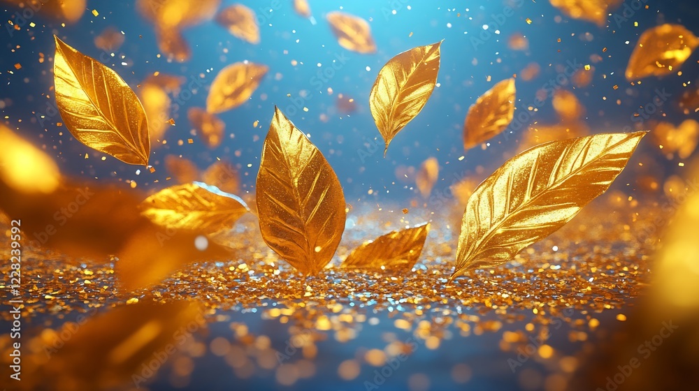 Poster golden autumn leaves floating in dreamlike blue abstract background : generative ai