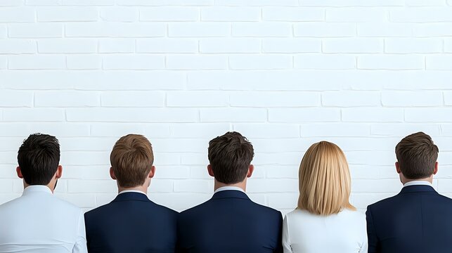 Business professionals in formal attire standing in line facing white brick wall, rear view showing diversity in workplace team and leadership concept. - Powered by Adobe