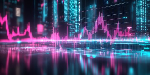 dynamic digital financial market data with neon pink and blue graphs and visuals : Generative AI