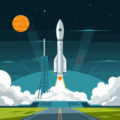 Obraz premium Rocket Ship Launch Pad Vector Graphic - Cartoon Style