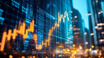 Fototapeta premium Dynamic Stock Market Graph Illuminated Against a Vibrant Cityscape at Dusk : Generative AI