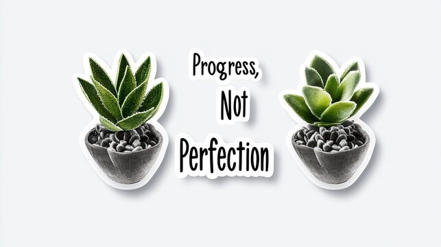 Two potted succulents, progress quote, minimalist background, motivational sticker design