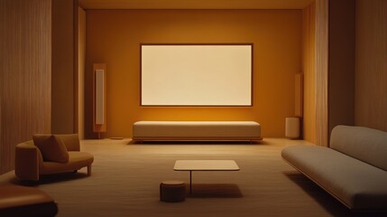 Modern minimalist living room interior design with warm lighting