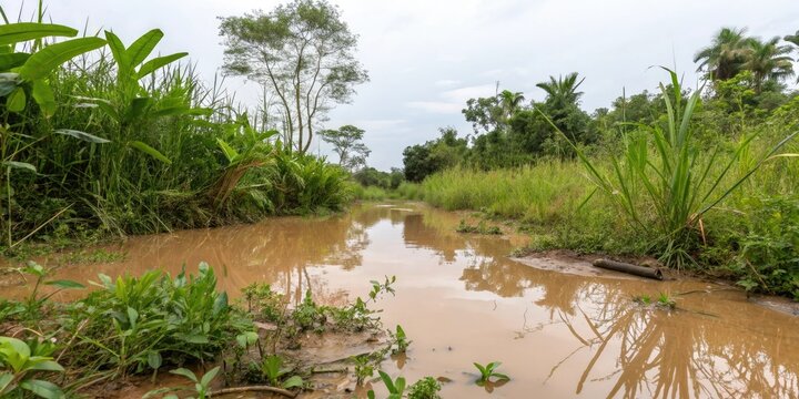Muddy water and lush plant life in a distorted view, botanical, greenery, vegetation, forest, underwater