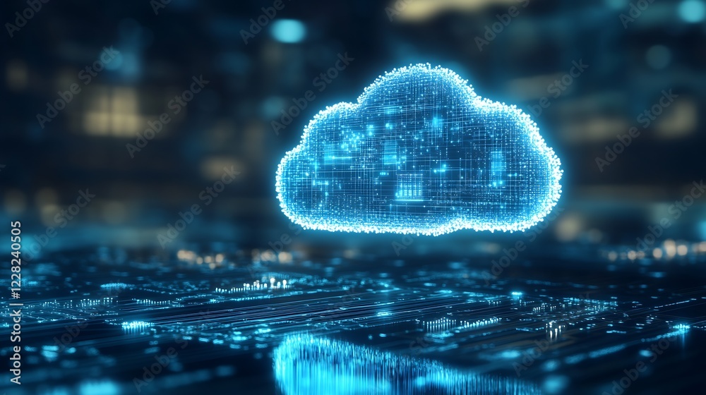 Aufkleber Futuristic Cloud Computing Concept with Glowing Digital Data Stream : Generative AI