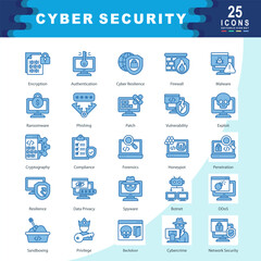 Cyber Security icon set containing Encryption, Authentication, Cyber Resilience, Firewall, Malware, Ransomware, Phishing, Patch, Cryptography, Compliance icon. Simple blue vector