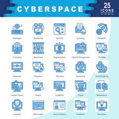 Cyberspace icon set containing Keylogger, Monitoring, Hashing, Spoofing, Mitigation, Tunneling, Quarantine, Identity Management, Visibility, Response icon. Simple blue vector