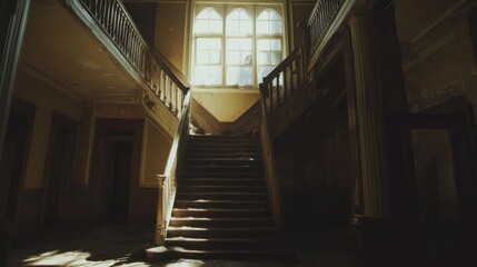 Obraz premium Sunlit Staircase in an Abandoned Mansion
