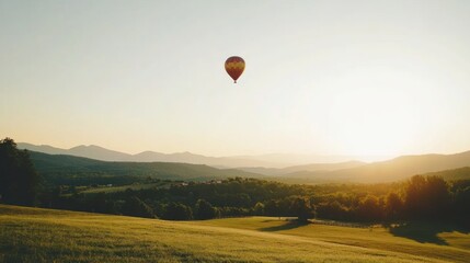 Obraz premium Hot Air Balloon Soaring Over Scenic Mountain Valley Landscape