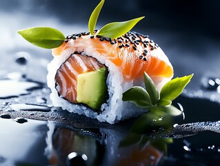 Close-up of gourmet sushi roll with fresh salmon avocado and sesame seeds on black reflective surface : Generative AI