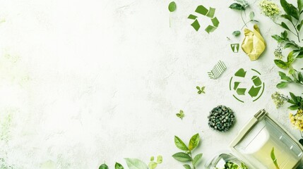 Sustainable lifestyle flatlay eco-friendly packaging, recycling symbols, plants on white background for blog or website header
