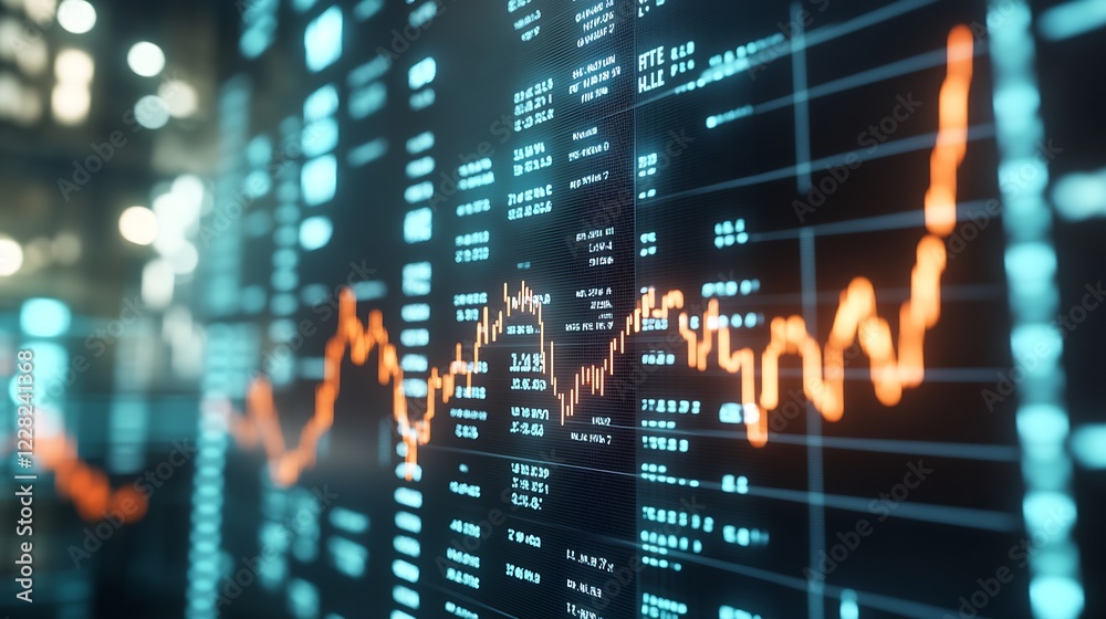Poster Dynamic Stock Market Data on High Resolution Digital Display in Blue and Orange : Generative AI