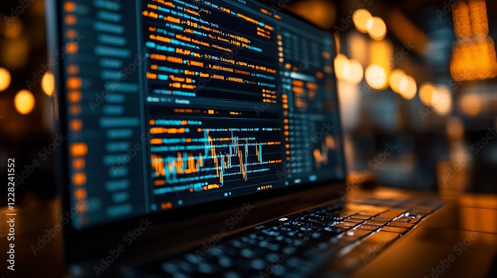 Poster Dynamic Laptop Display with Financial Data and Code in Dimly Lit Environment : Generative AI