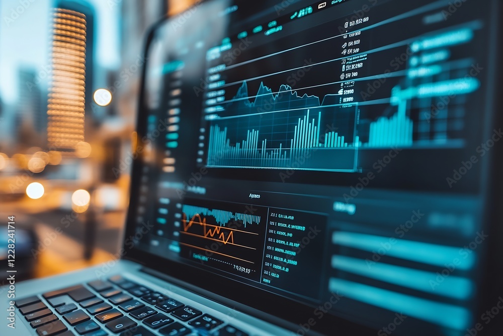 Poster laptop with advanced financial trading software in cityscape background : generative ai